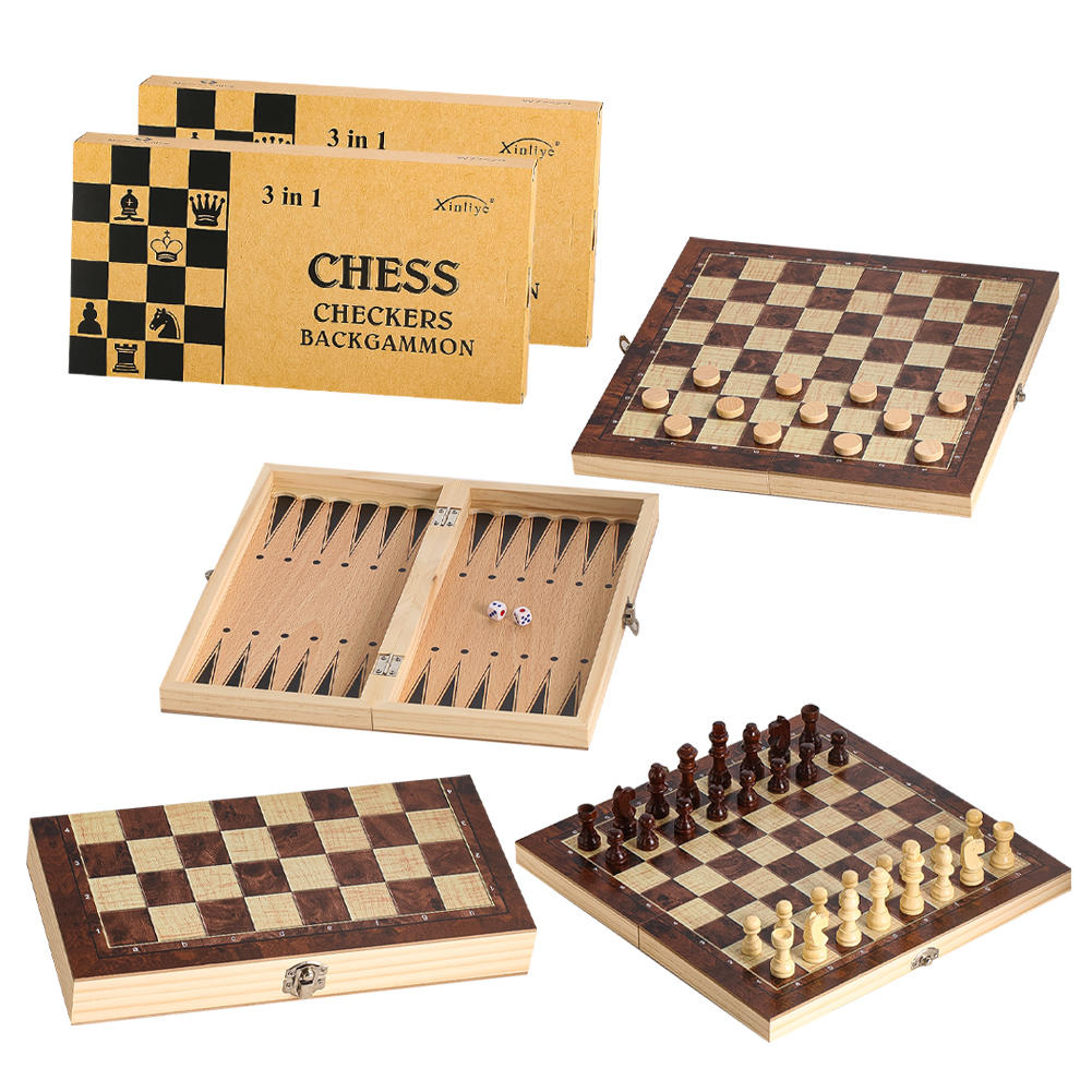 Chess Set Wooden - Houten 3-in-1 Dammen Backgammon en Schaakspel