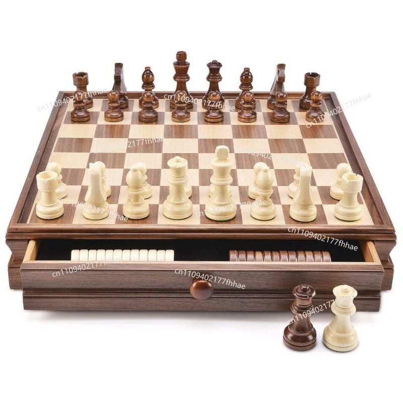 Chess Set Wooden - Walnoot massief houten schaak- en damspel
